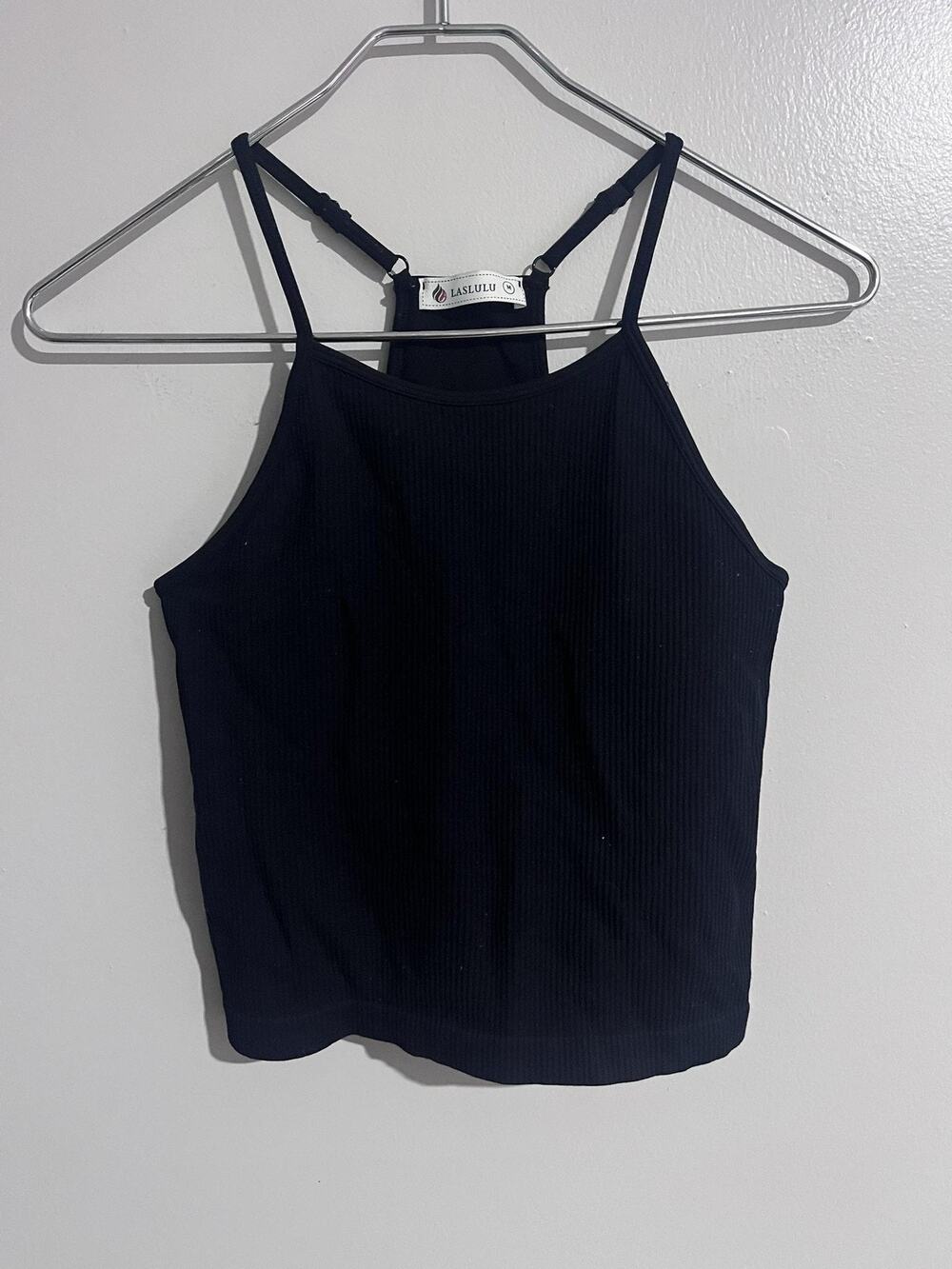 LASLULU Camisole Womens M Black Ribbed Padded Strappy Tank Adjustable Straps